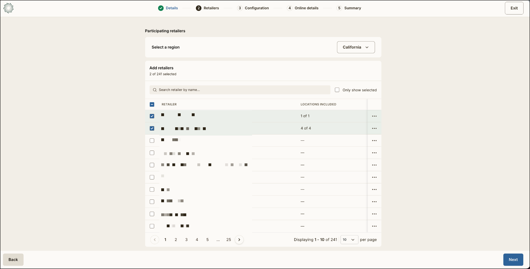 Retailer selection screen with region filter and list