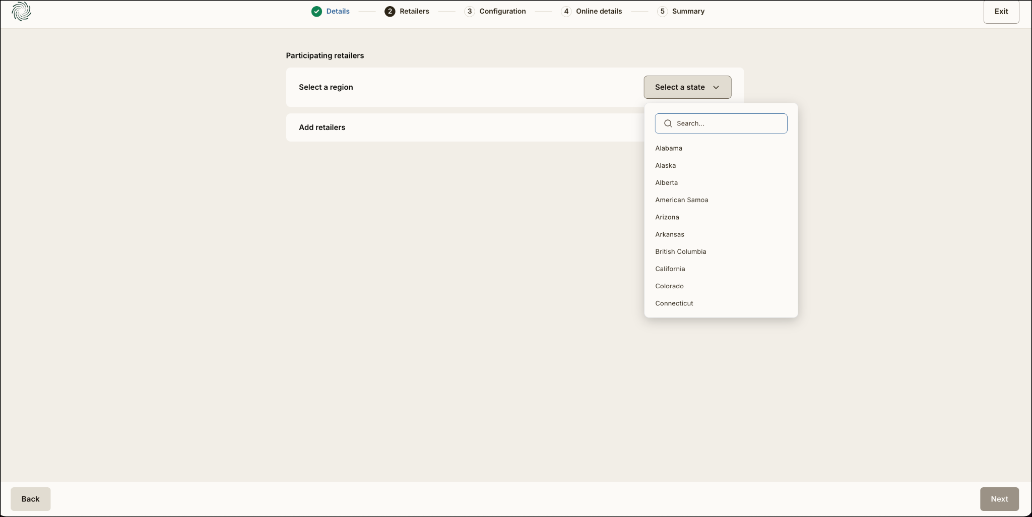 Dropdown menu for selecting a state in retailers section