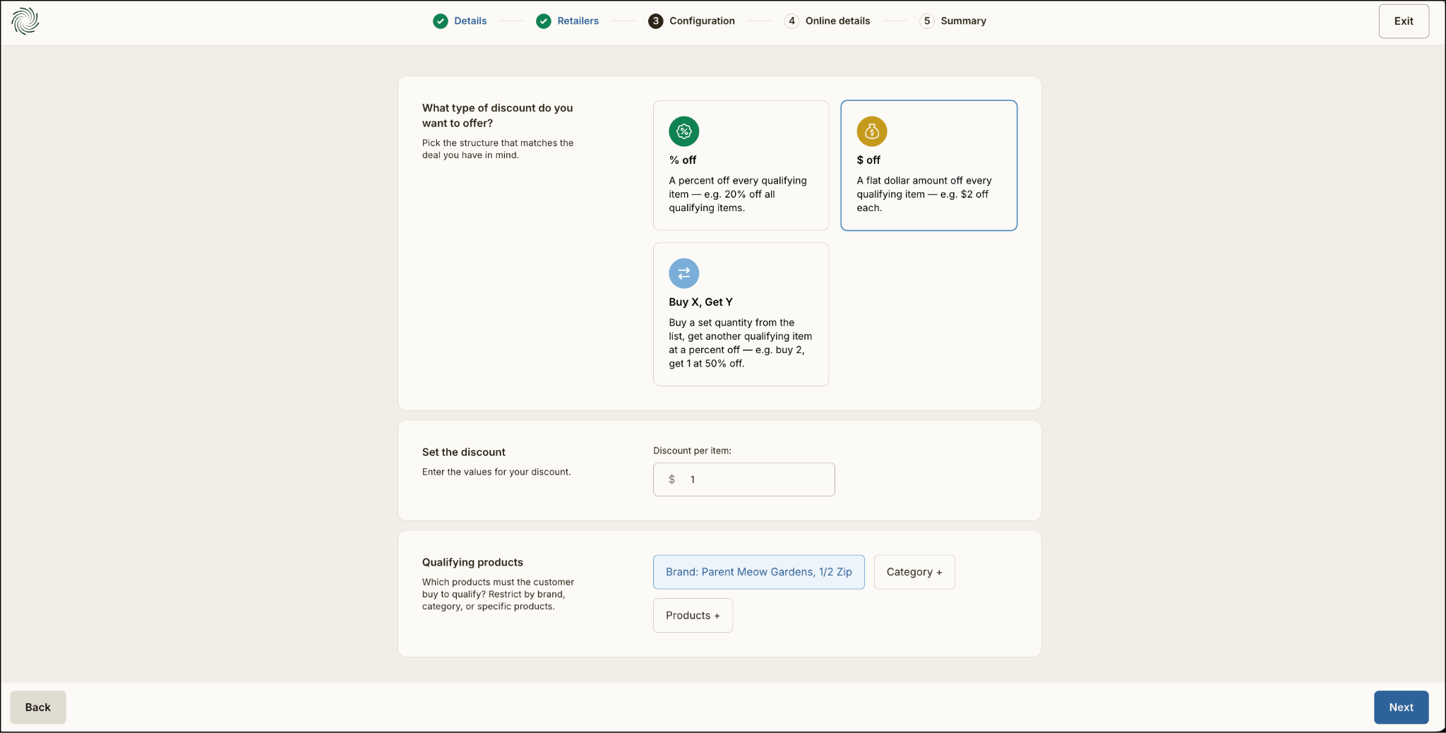 Discount configuration options screen in software interface