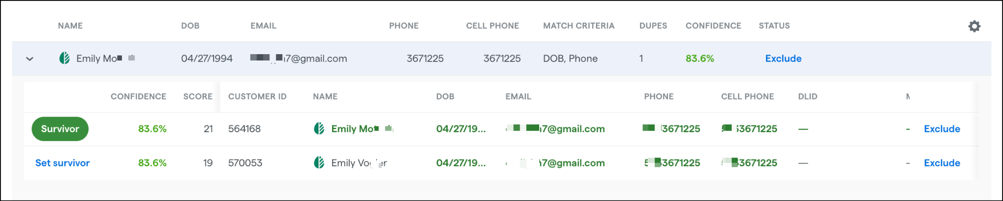 Duplicate customer records comparison table