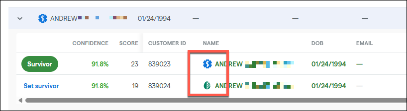 Highlighted customer names in a data table