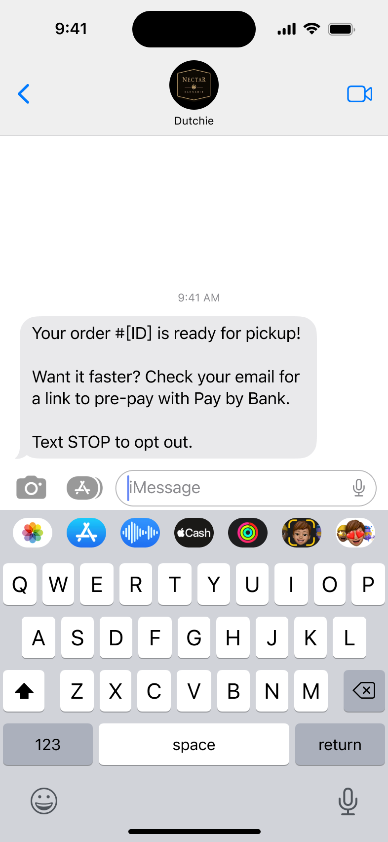 Text message saying order is ready for pickup