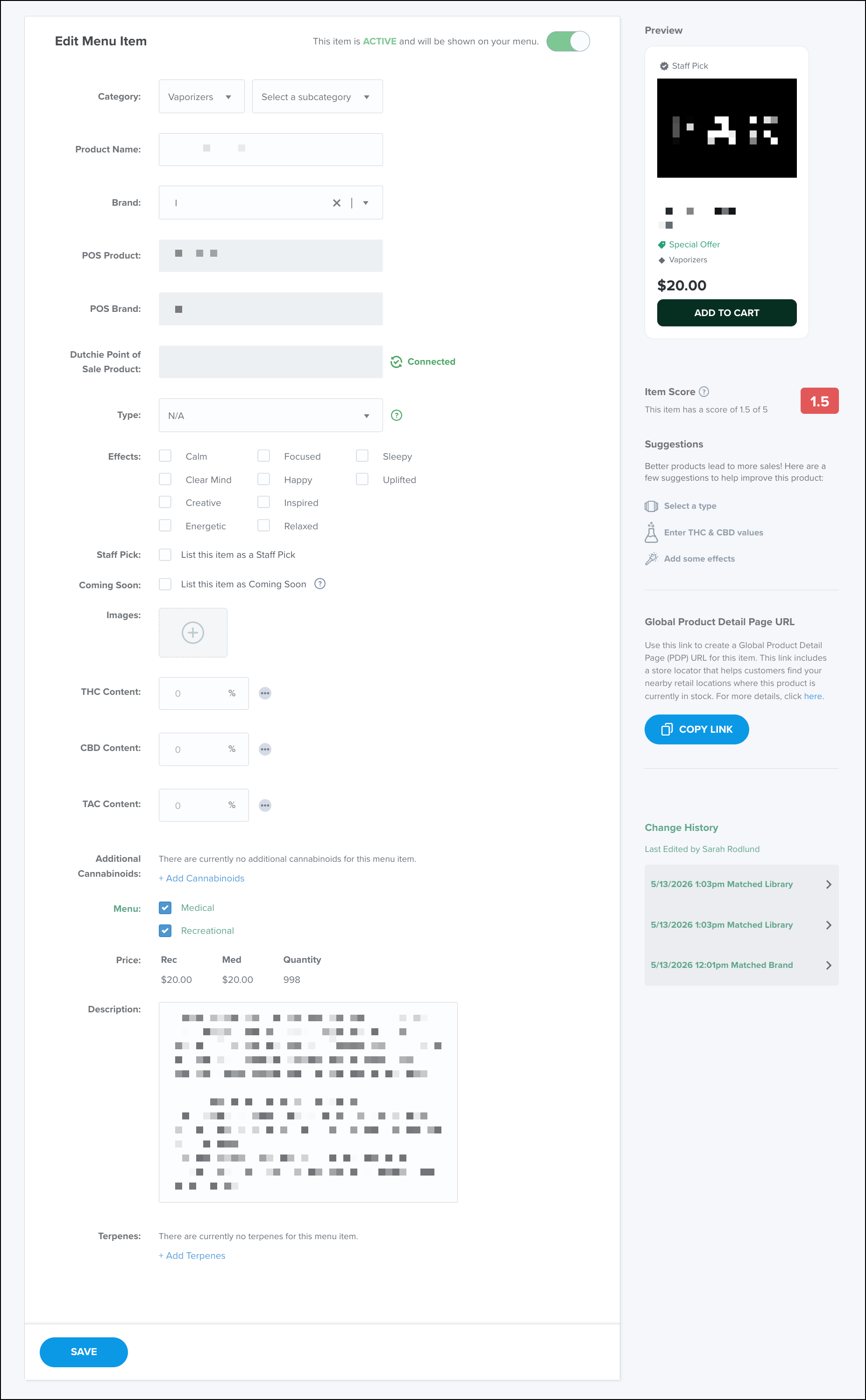 Cannabis menu item editing interface