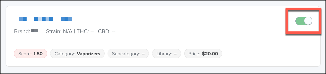 Product listing with enabled toggle