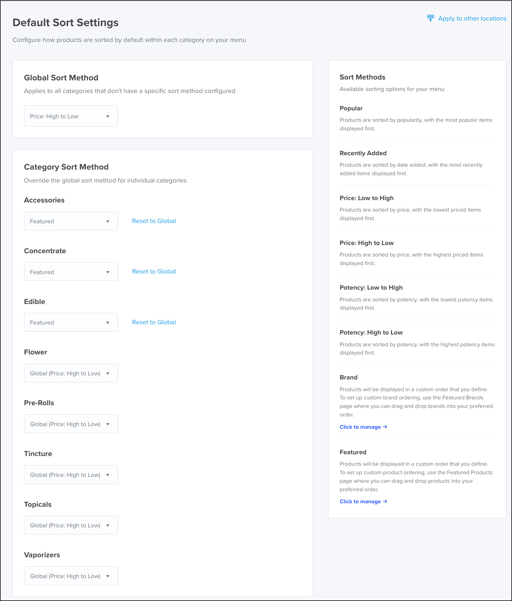 Default product sort settings dashboard