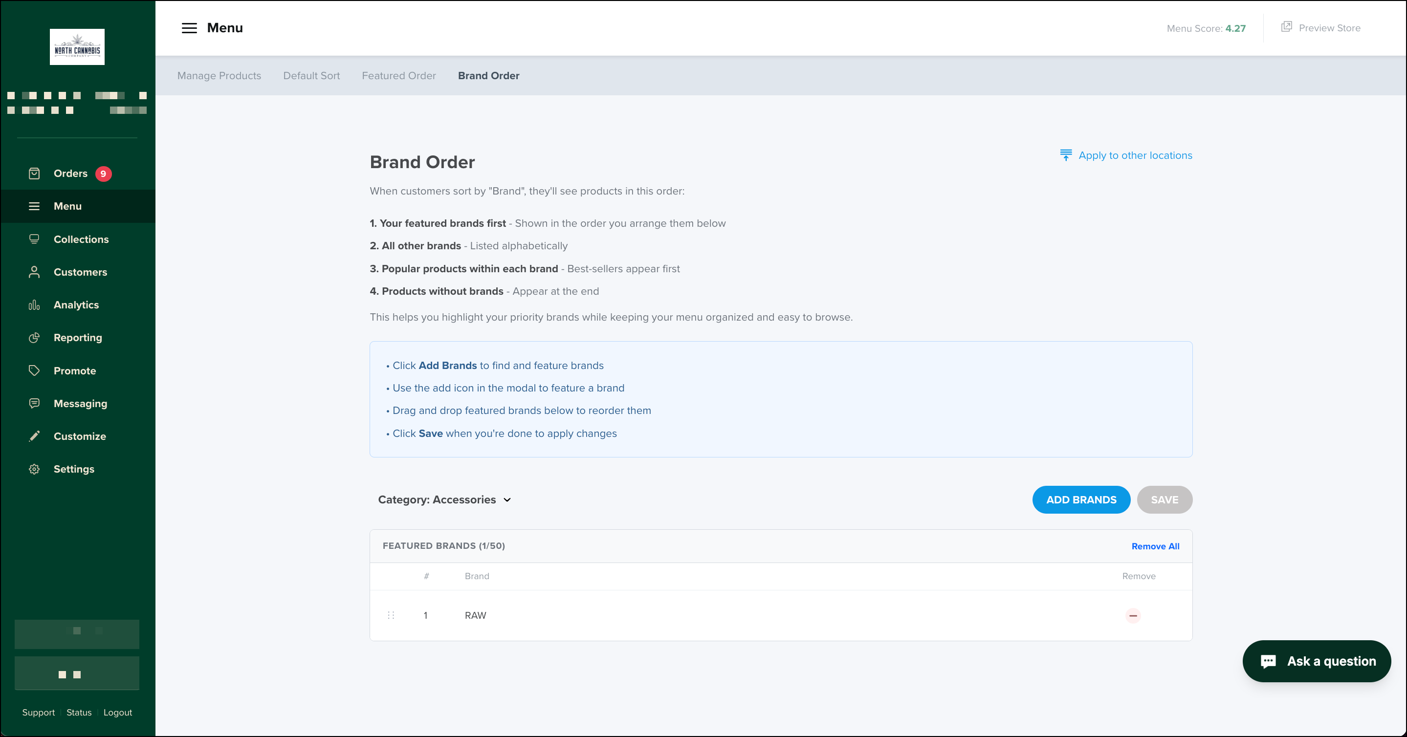 Brand order settings page in store dashboard