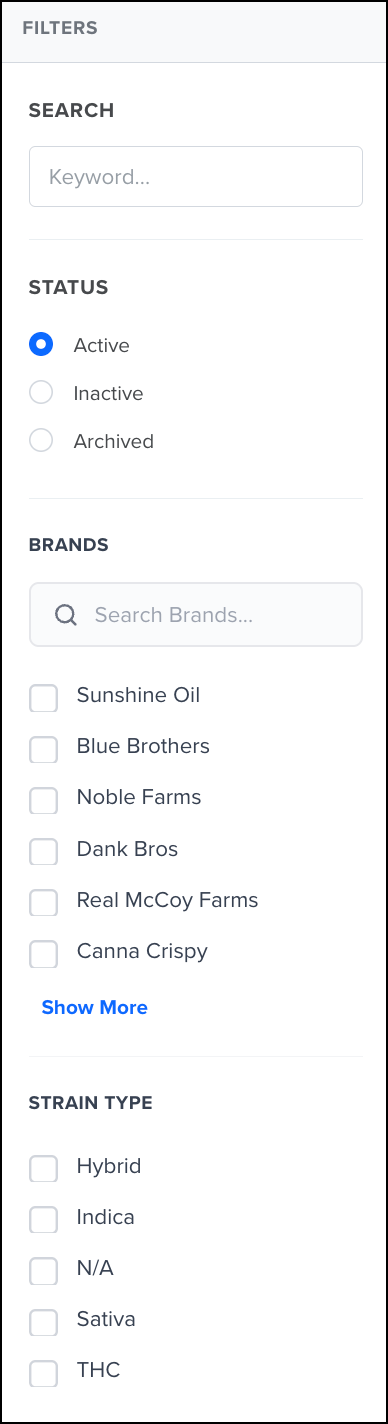 Filter sidebar with status, brands, and strains