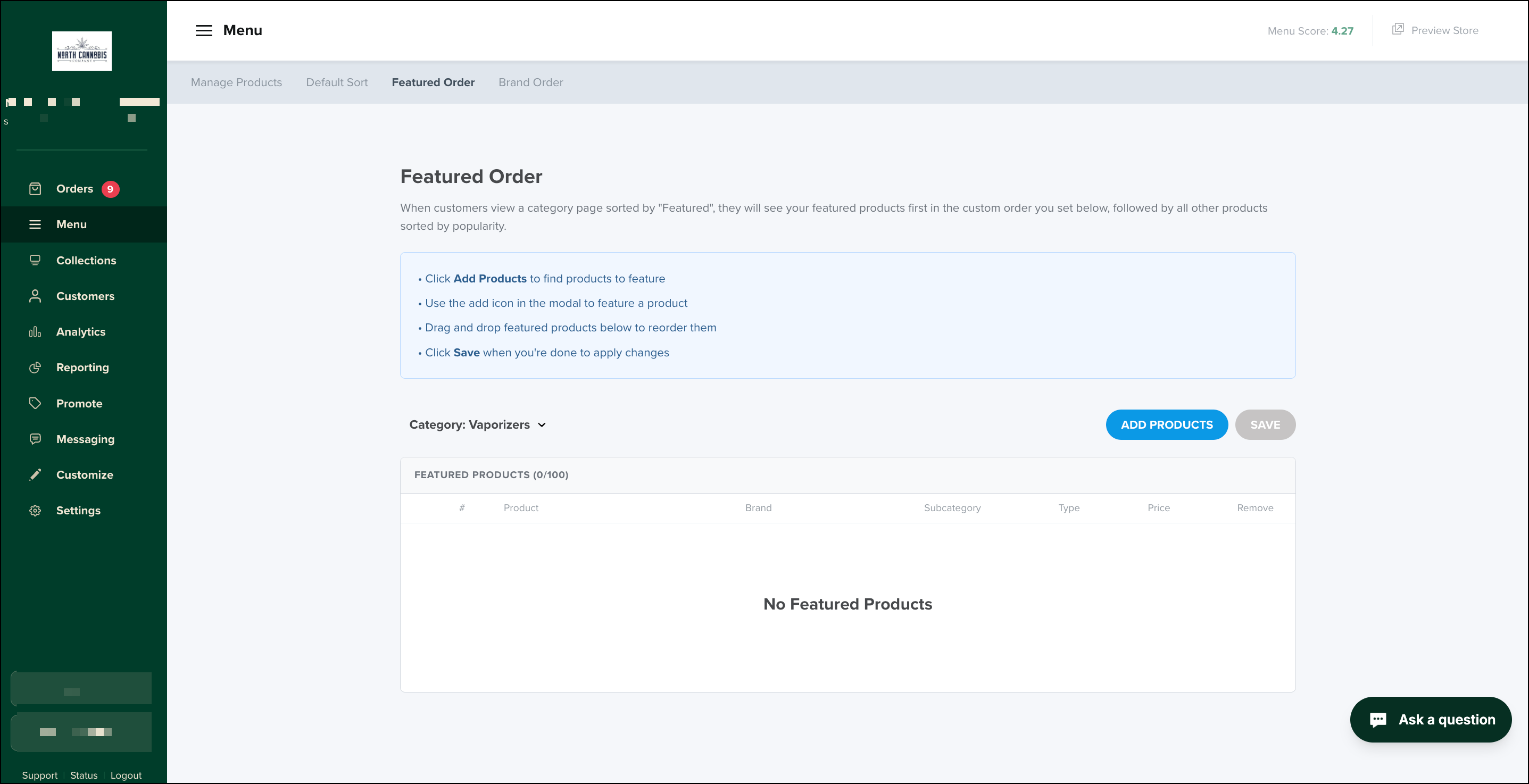 Featured product ordering dashboard