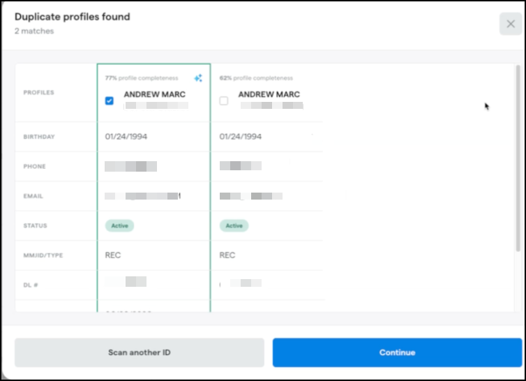 Duplicate profile comparison screen