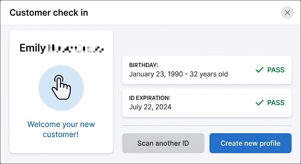 Customer check-in screen with ID checks passed