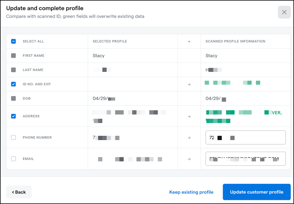 Profile update comparison form
