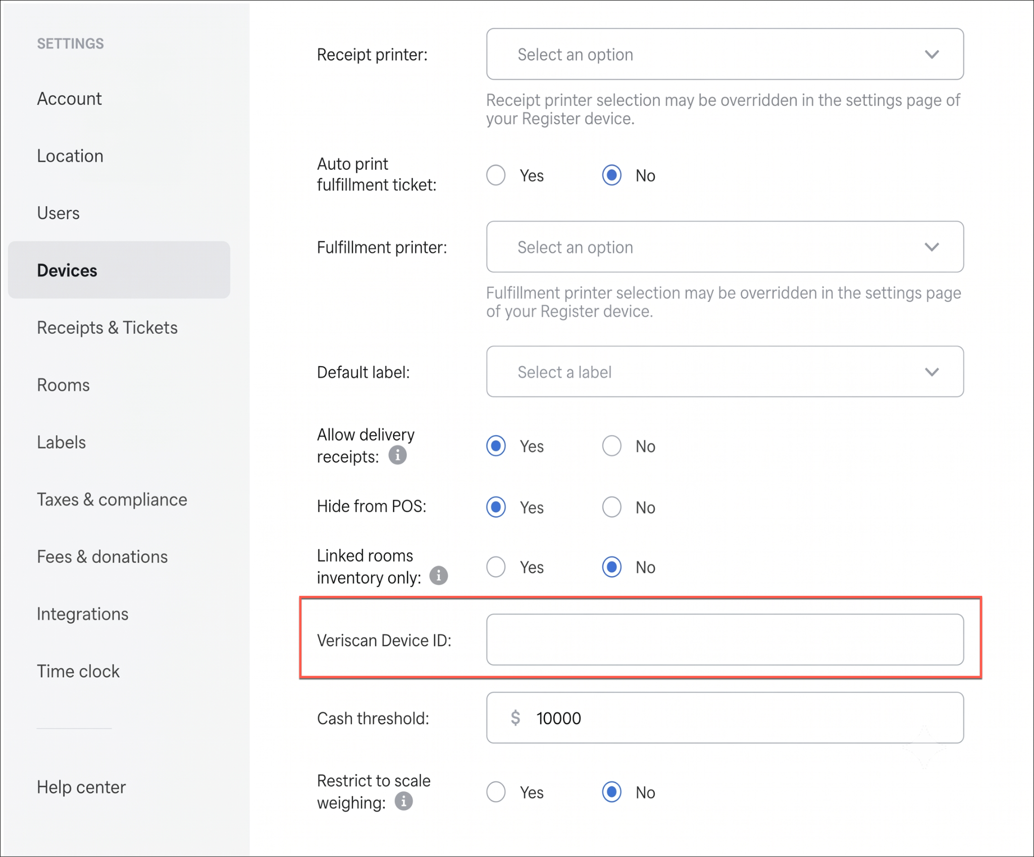Veriscan Device ID field in device settings