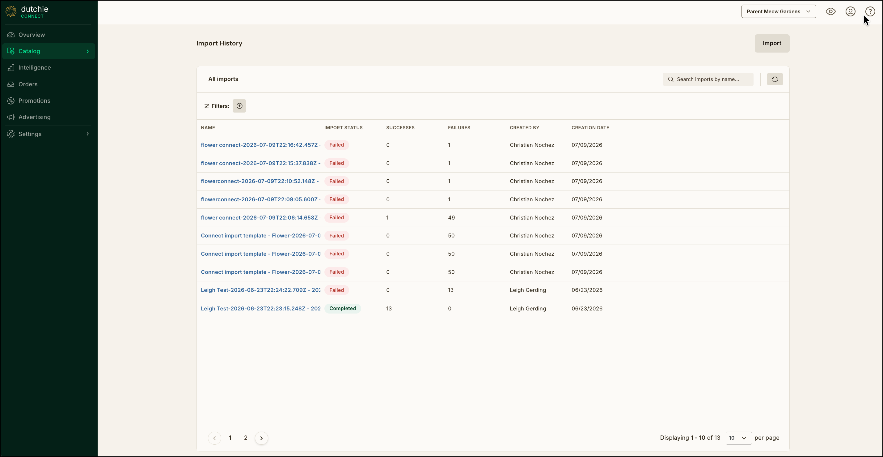 Import history table with mostly failed imports