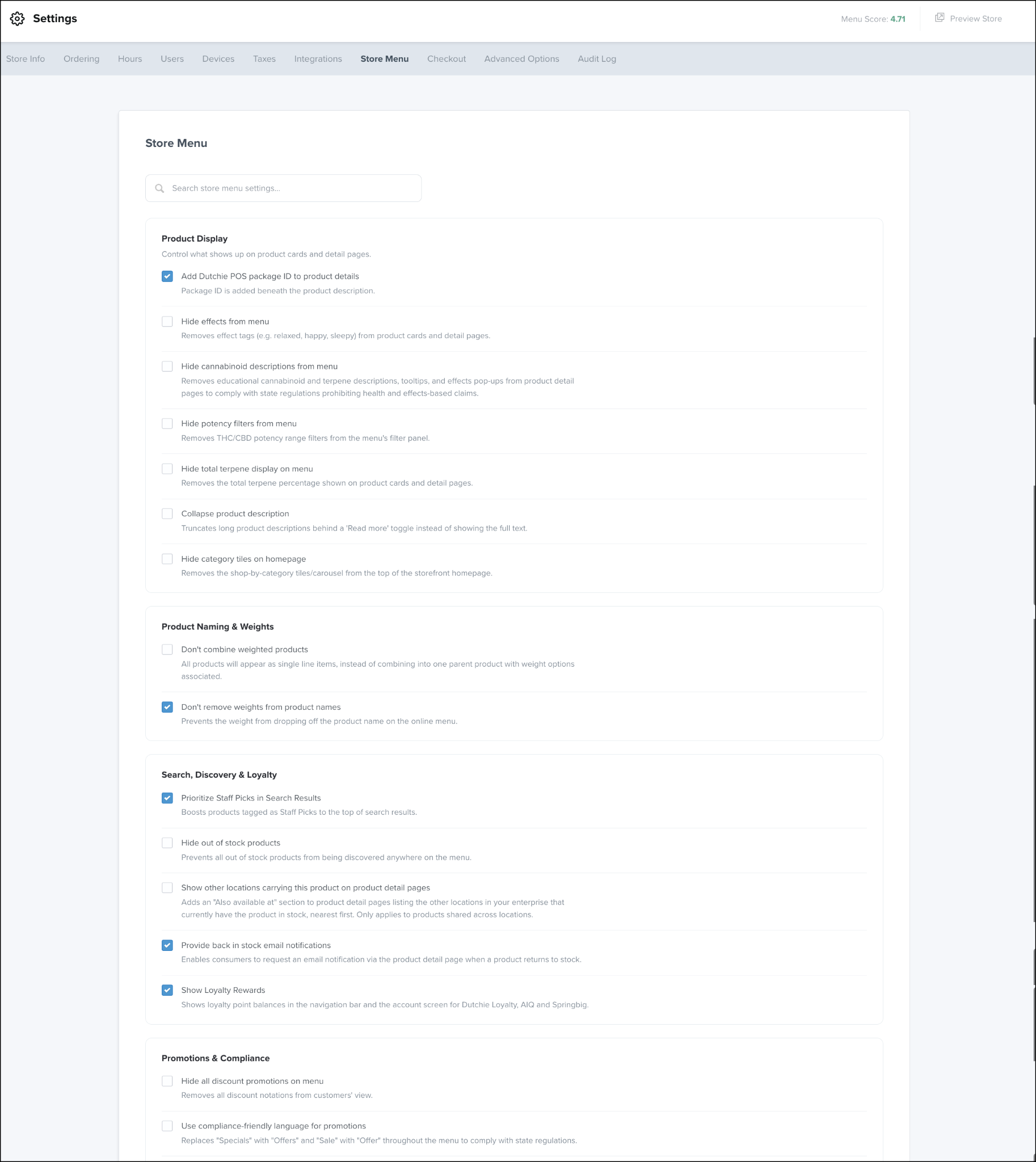 Store menu settings with checkbox options