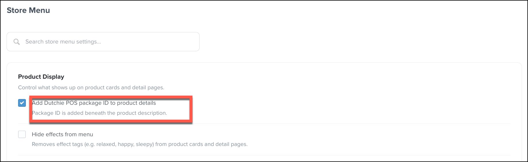 Store menu product display settings screen