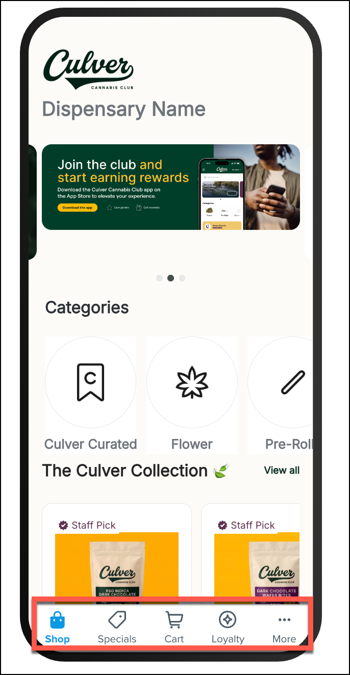 Culver dispensary app navigation bar