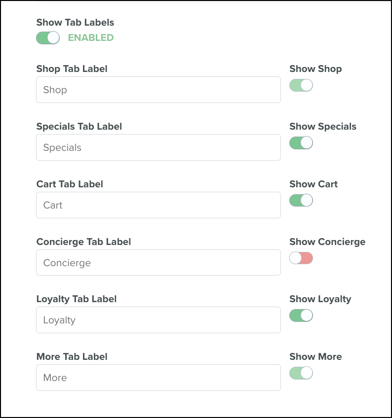 Tab label settings with visibility toggles