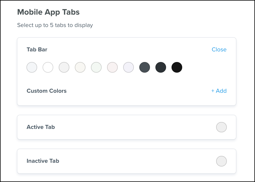 Mobile app tab color settings interface