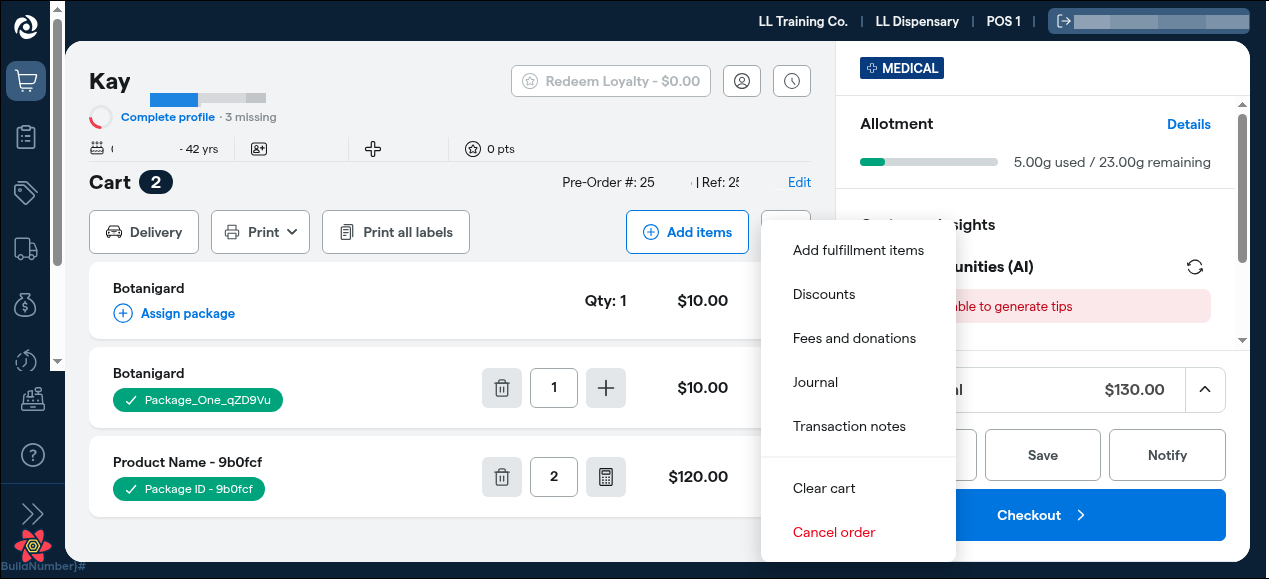 Point-of-sale cart with actions menu open