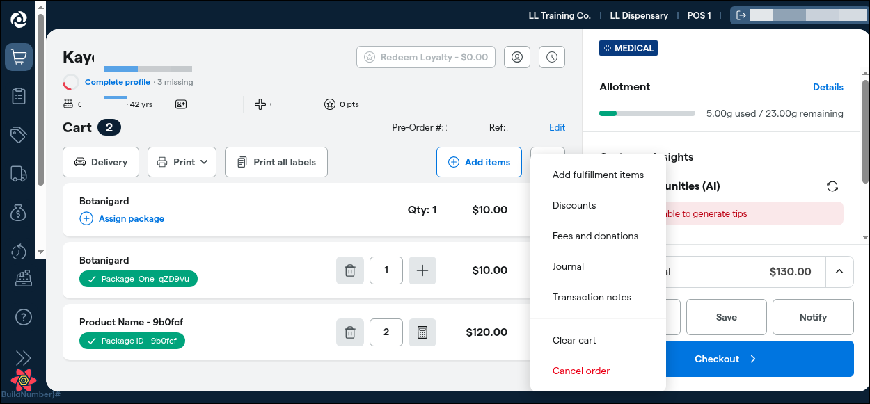 Point-of-sale cart with actions menu open
