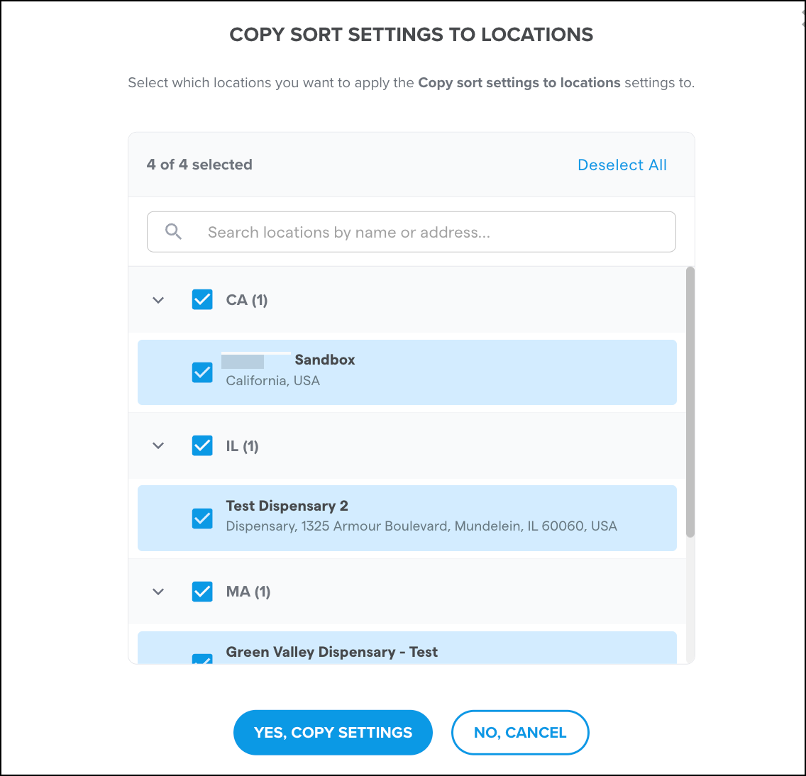 Copy sort settings location selection dialog