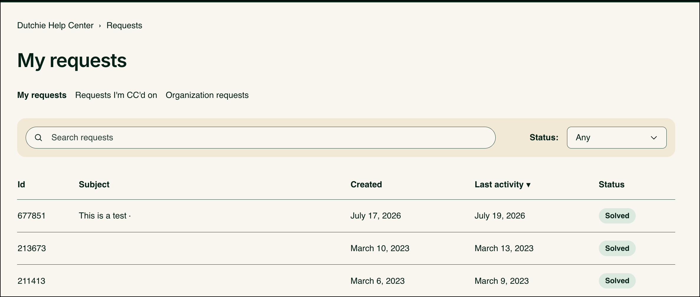 Help center page listing solved requests