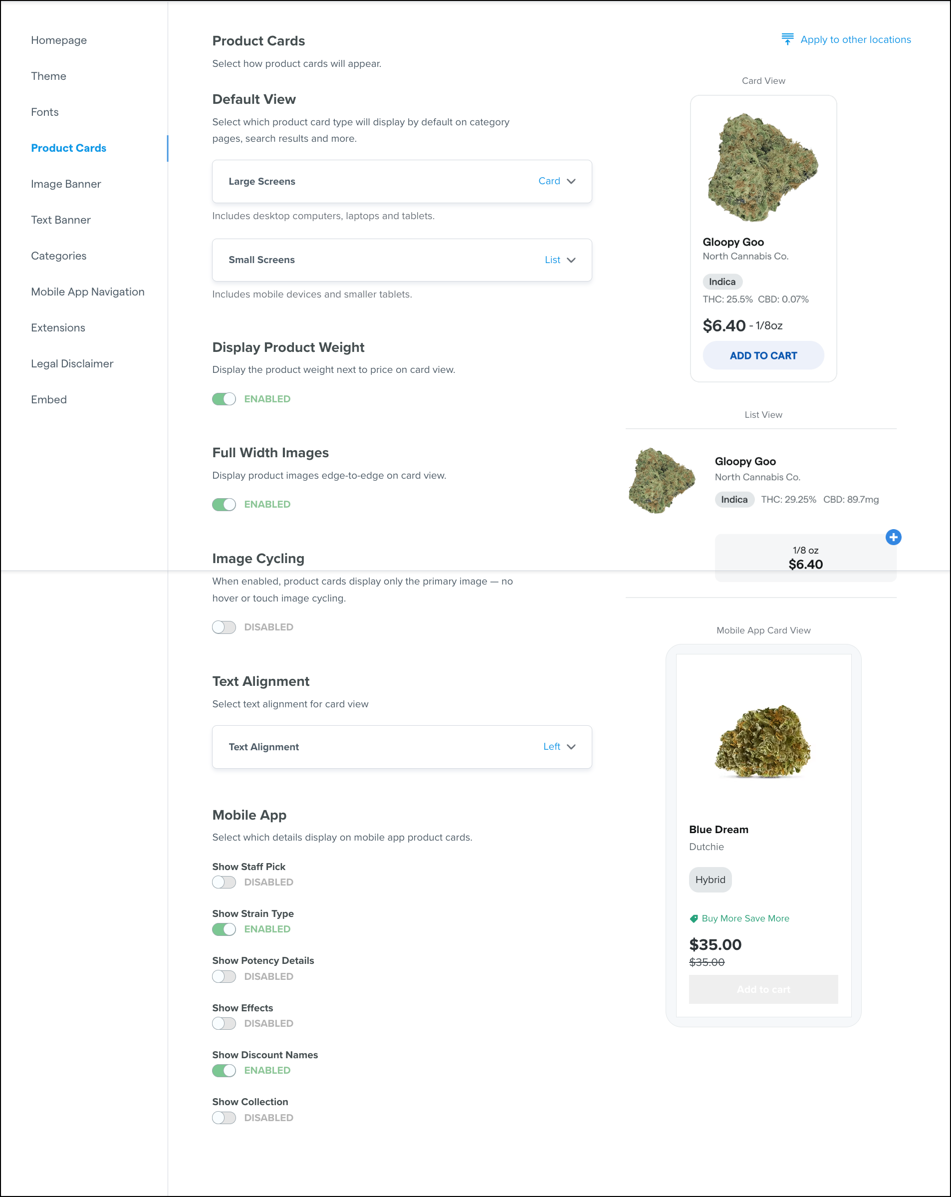 Product card display settings dashboard