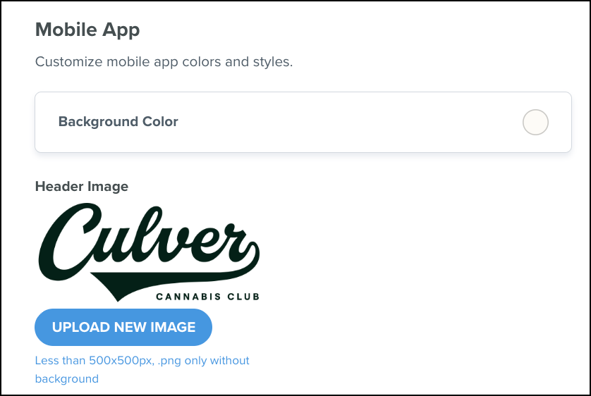 Mobile app customization settings screen