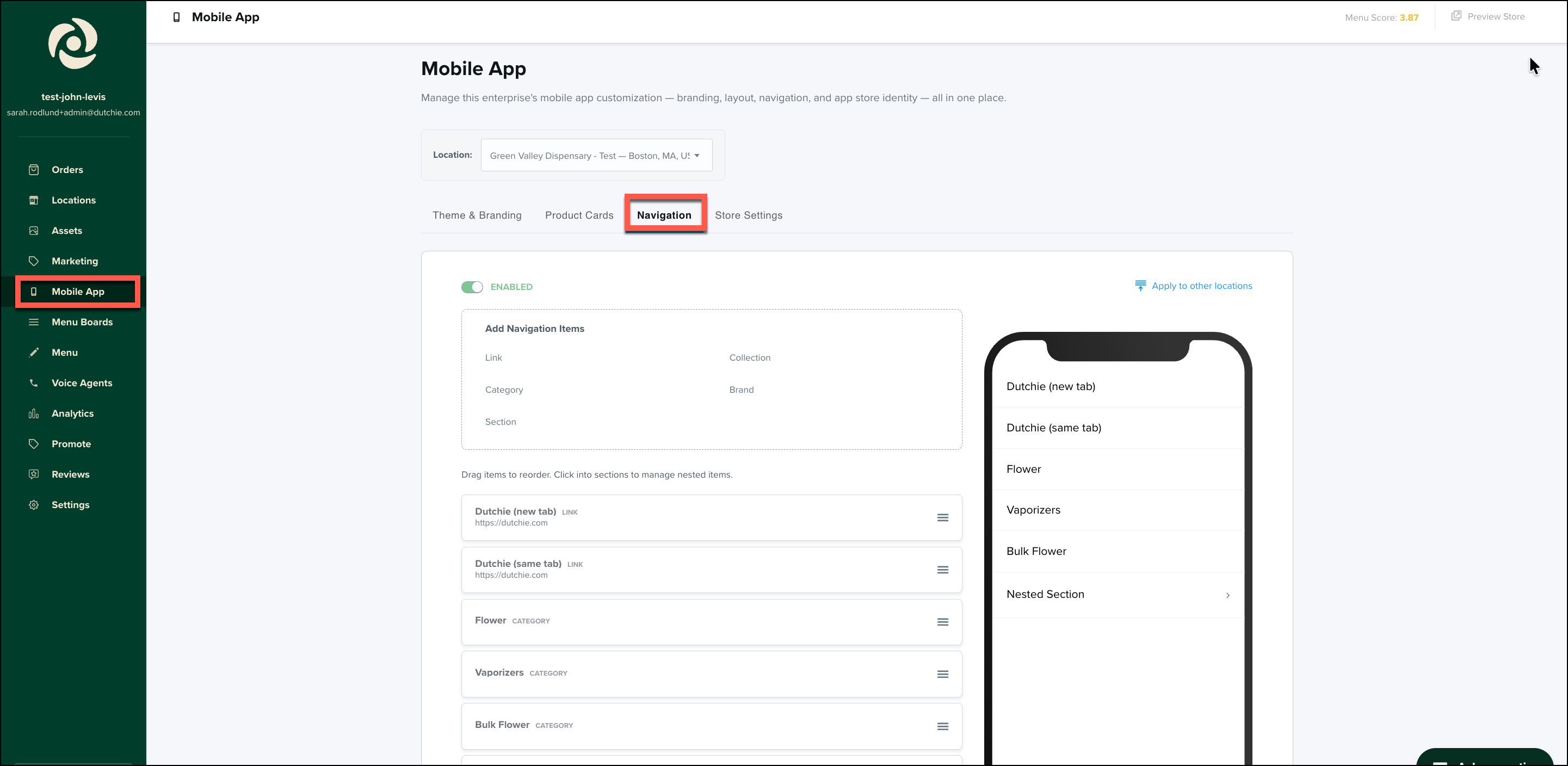 Mobile app navigation settings dashboard
