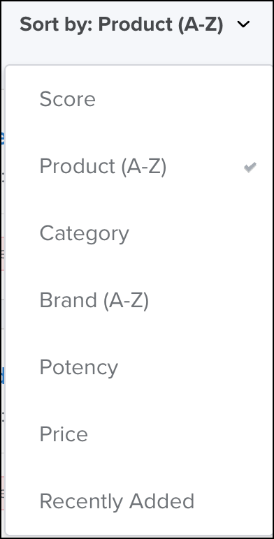 Sort menu with Product A-Z selected