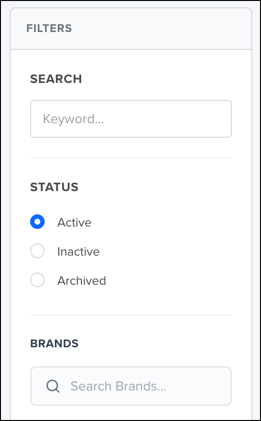 Filter panel with search, status, and brands
