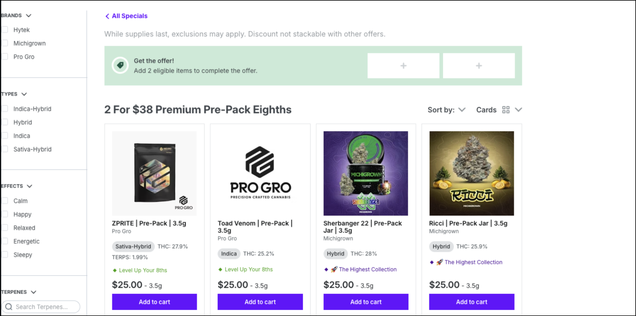 Cannabis shop's 2 for $38 specials page