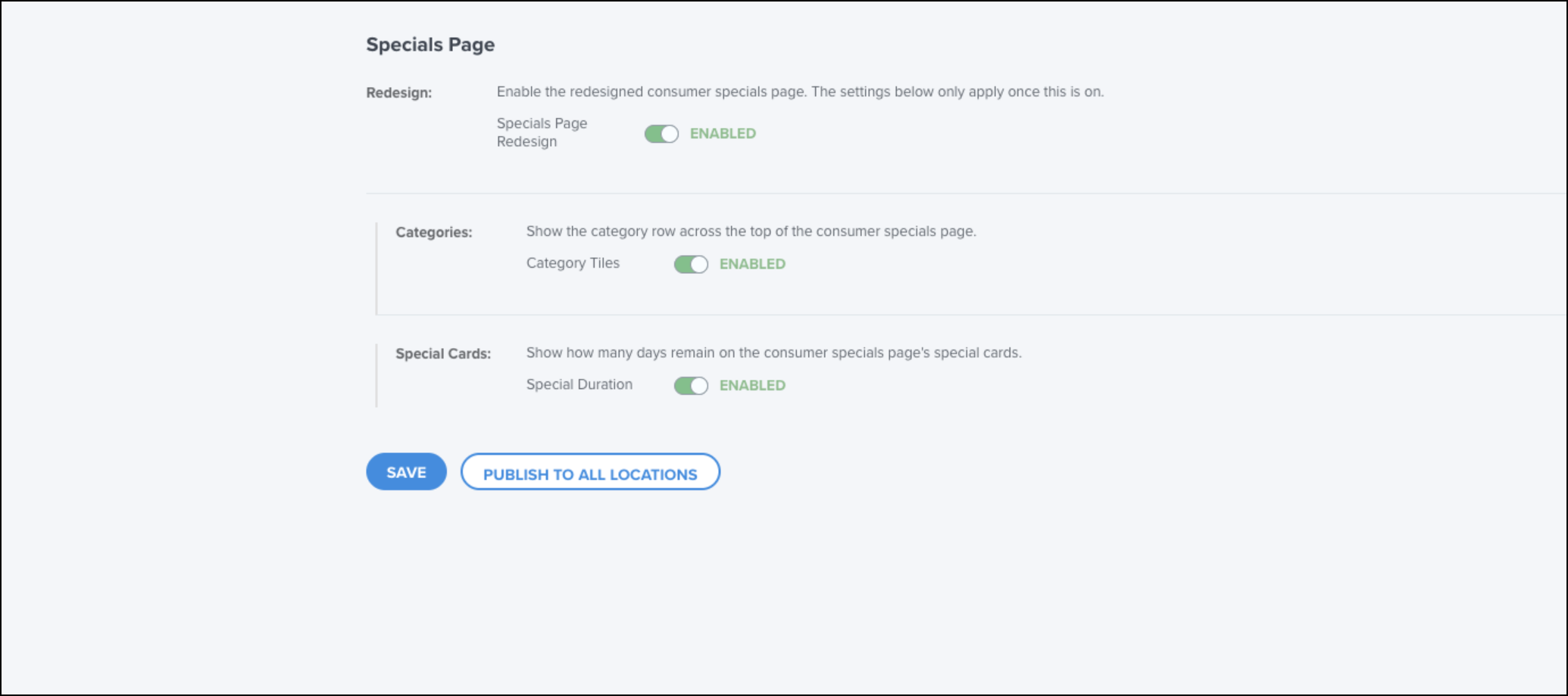 Specials page settings with enabled toggles