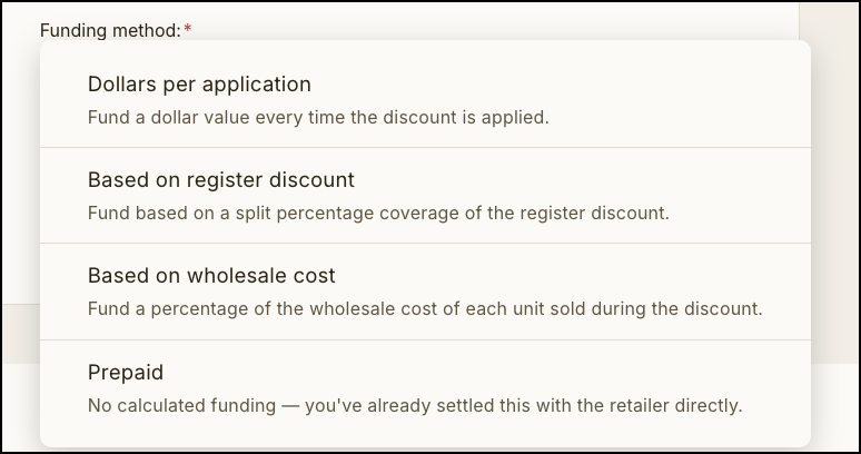 Funding method dropdown with four options