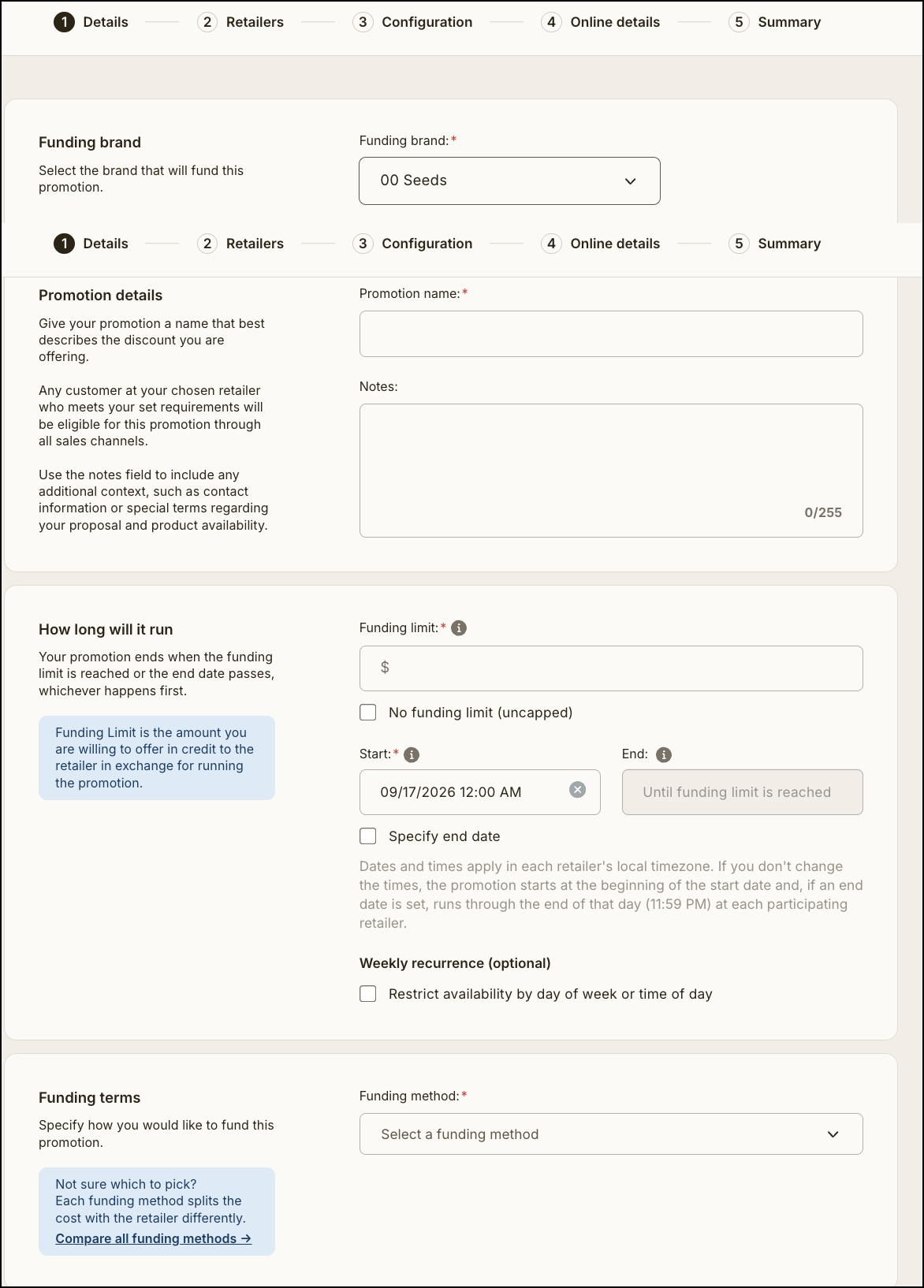 Promotion details and funding setup form