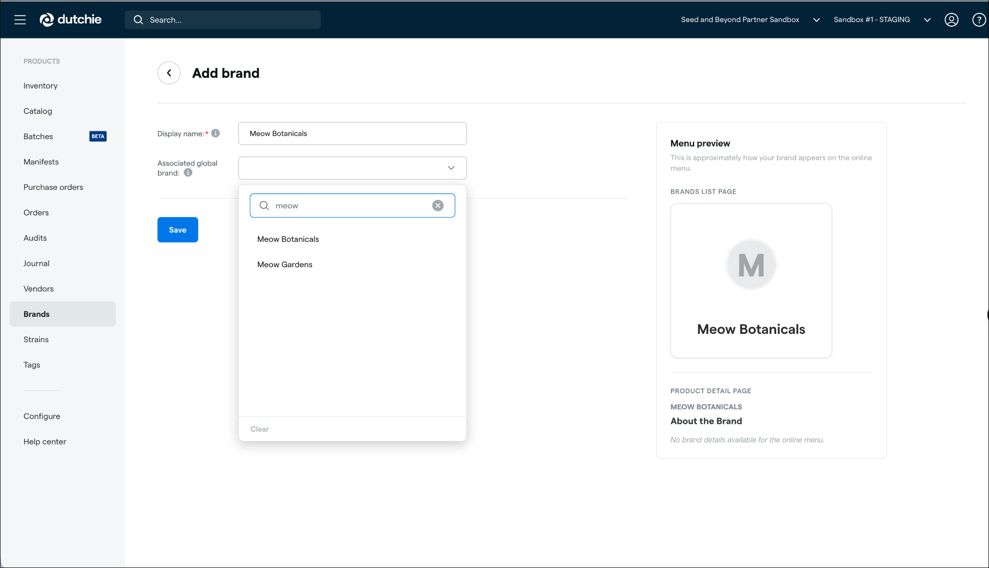 Add brand form with menu preview