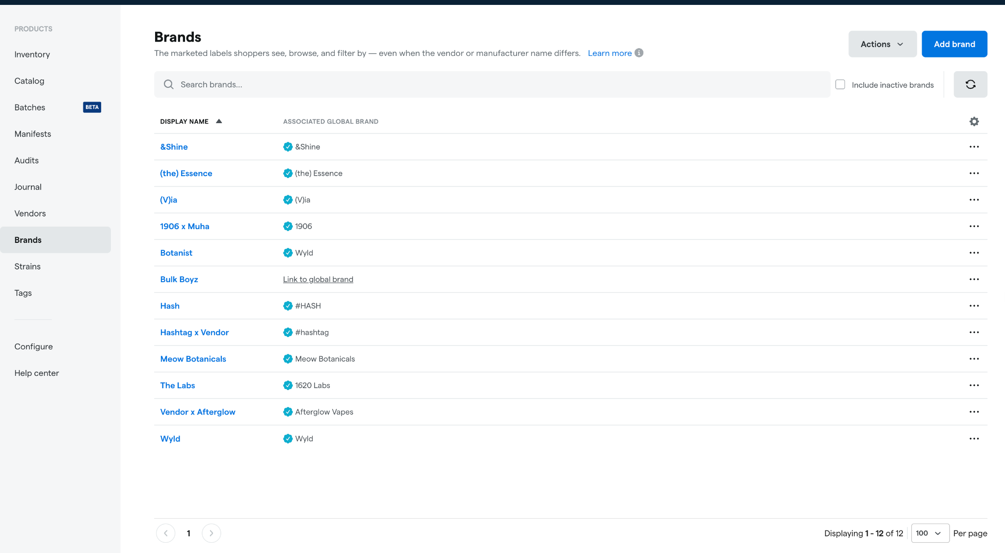Brands management page with brand list