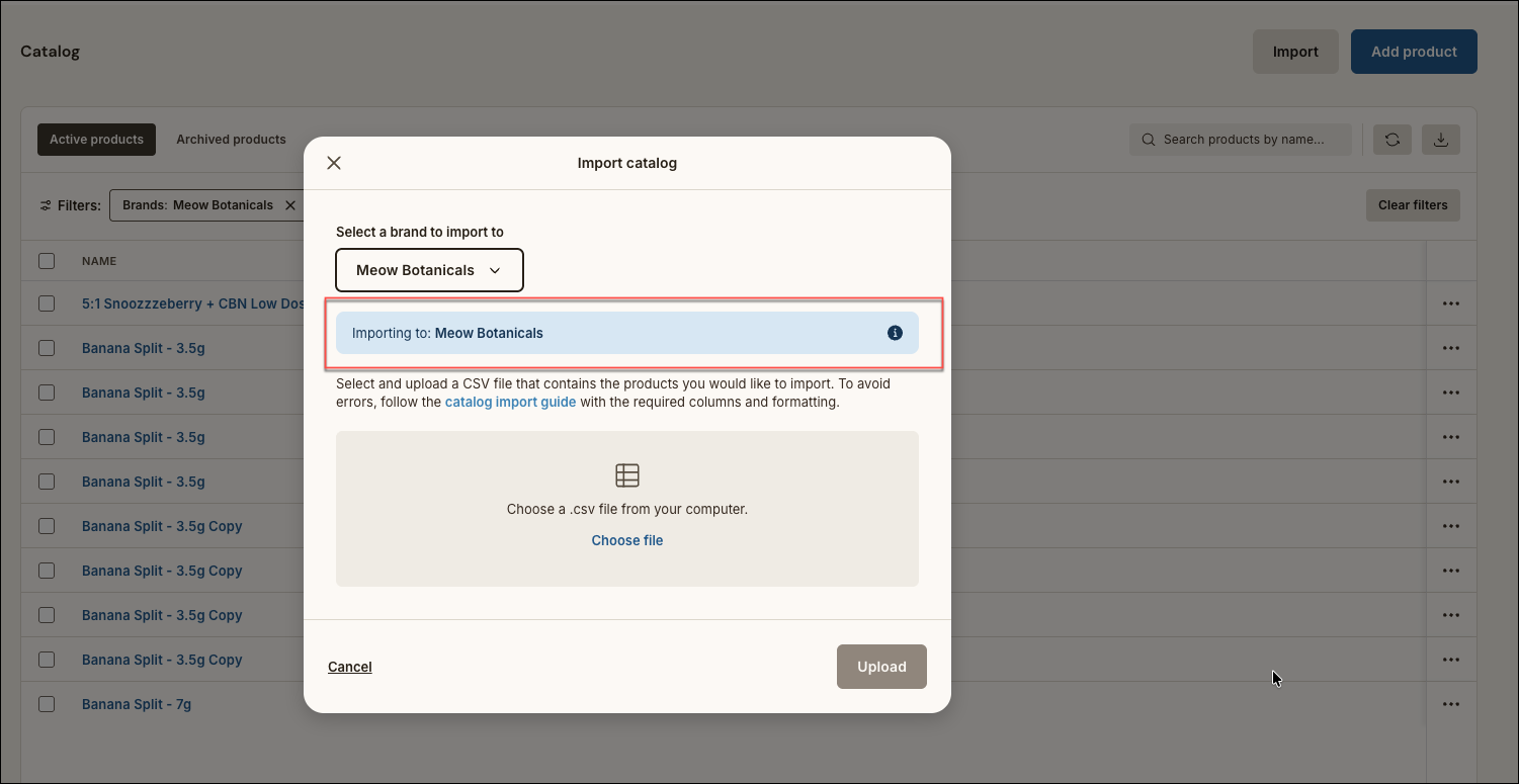 Catalog CSV import dialog for Meow Botanicals
