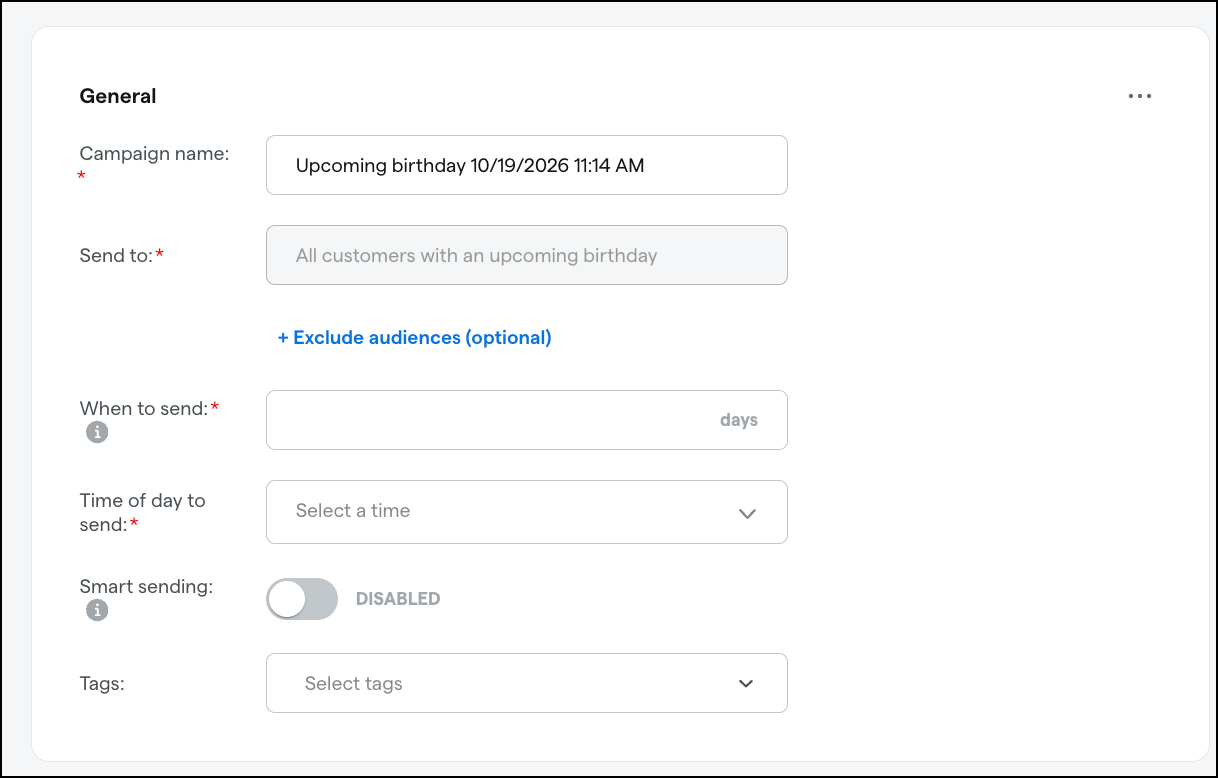 Birthday campaign settings form