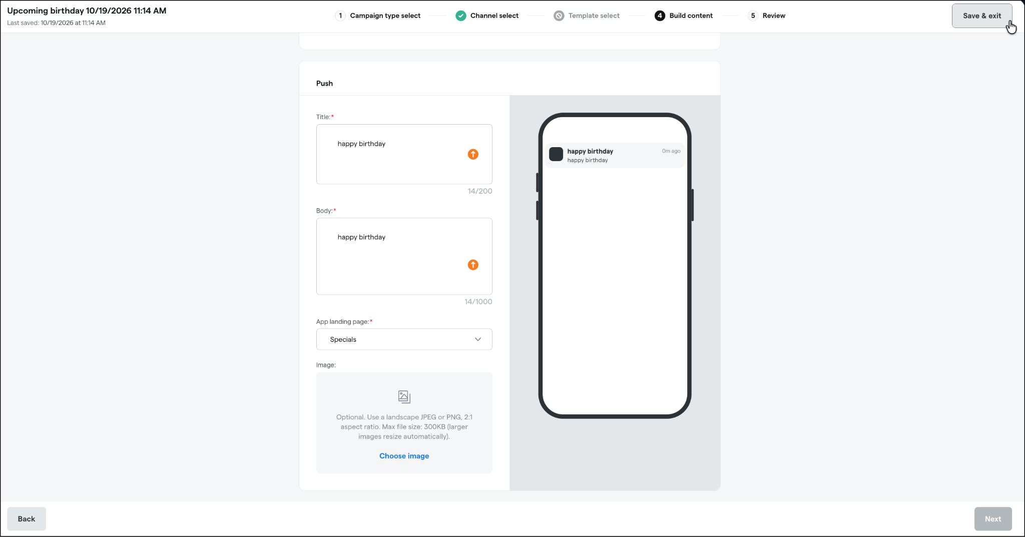 Push notification campaign editor and preview