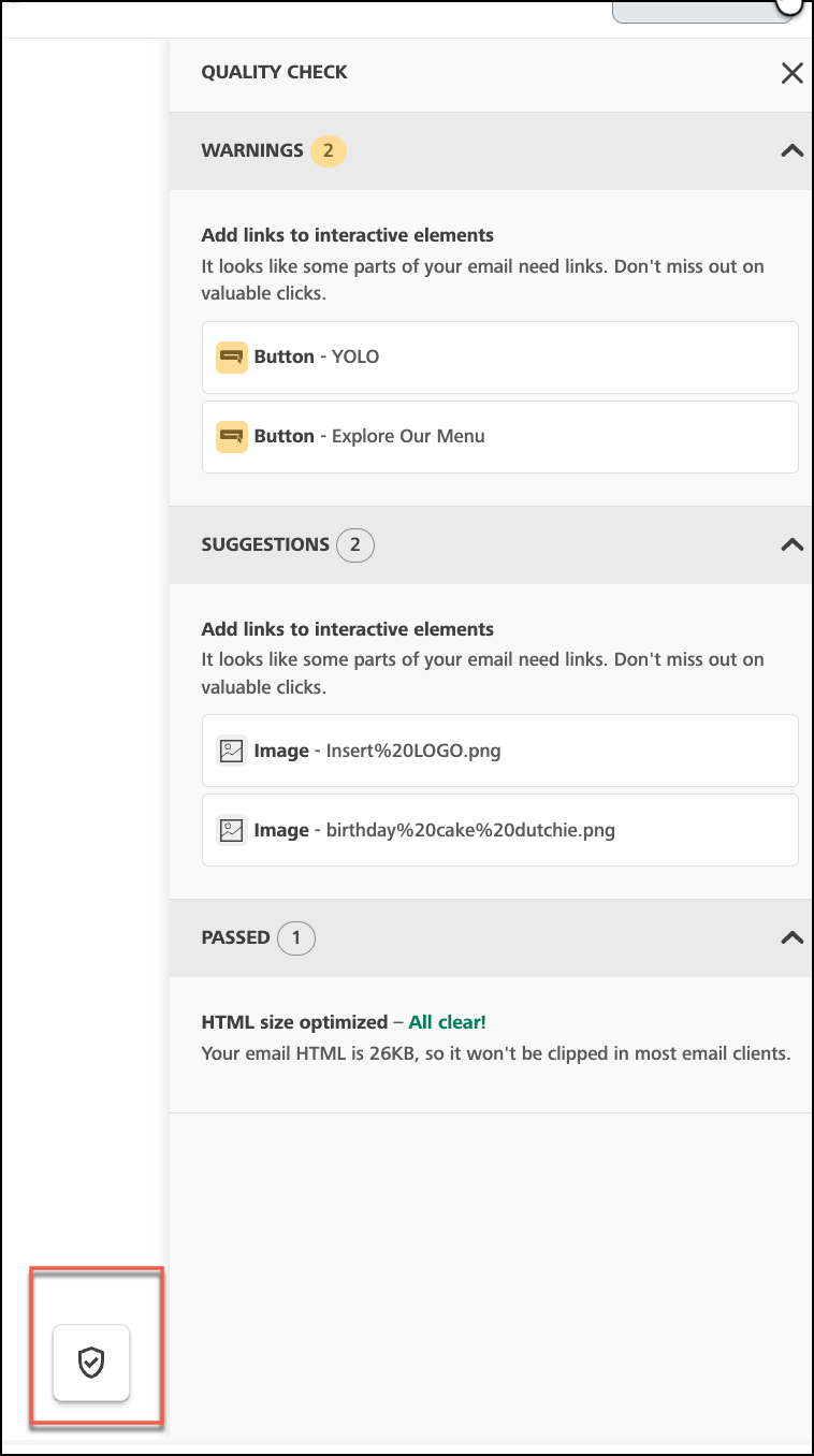 Email quality check warnings and suggestions