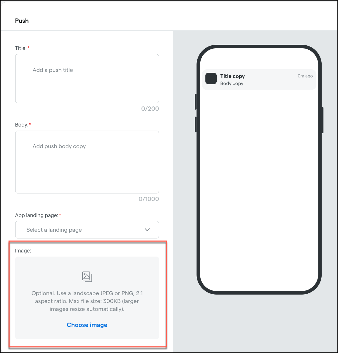 Push notification editor with phone preview