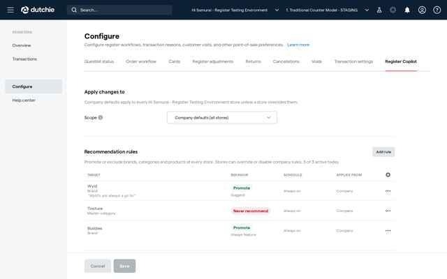 The Register Copilot tab with Company defaults selected and three recommendation rules.