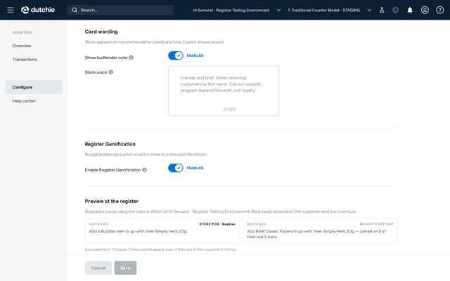Card wording, Register Gamification, and the register preview with a Store Pick and an excluded master category.