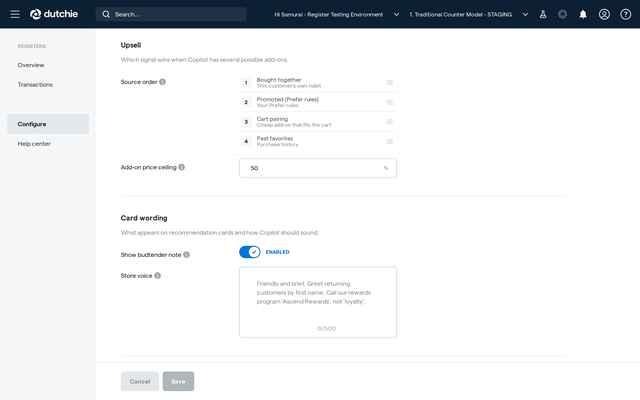 The Upsell and Card wording sections.