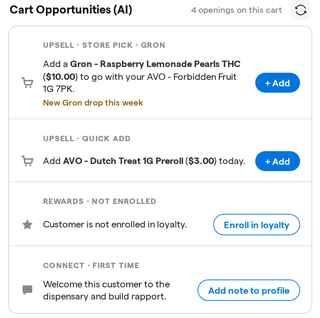 A Store Pick card for a promoted brand, showing the budtender note "New Gron drop this week".